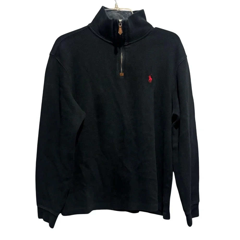 Polo Ralph Lauren Mens Quarter Zip Pullover Black Cotton Sweater Red Pony Size M